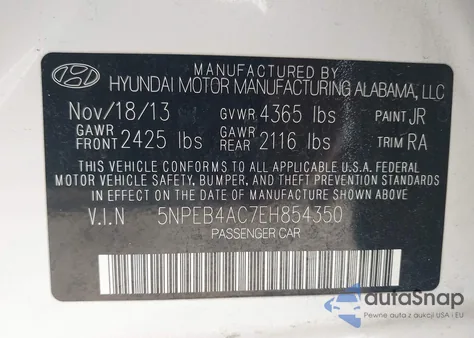 2014 Hyundai Sonata Gls z USA, uszkodzony, nr VIN 5NPEB4AC7EH854350